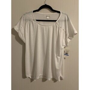 John Paul Richard Womens White Sparkly  Short Sleeve Top Size XL Semi Sheer NWT